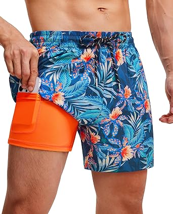 4 Pcs Mens Swim Trunks with Compression Lined Short Bathing Suits for Men 5 Inch Inseam Liner Men's Swimming Trunk