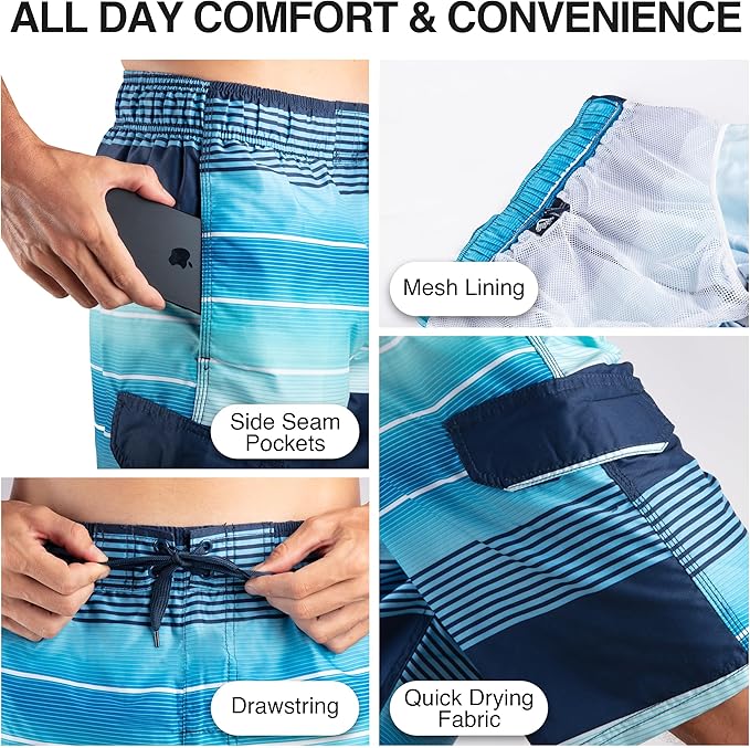 Men's Echelon Stripe Quick Dry Beach Board Shorts Swim Trunk