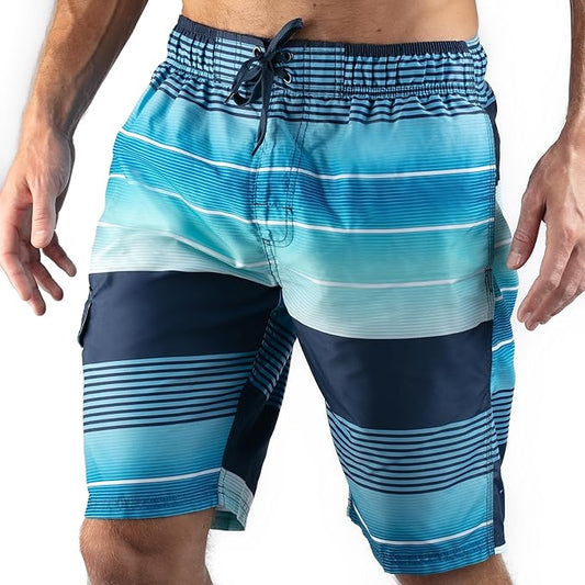 Men's Echelon Stripe Quick Dry Beach Board Shorts Swim Trunk